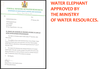 Document for the validation of Treatment efficiency of Years of water/Water Elephant purification device, by the Federal Ministry of Water Resources.
